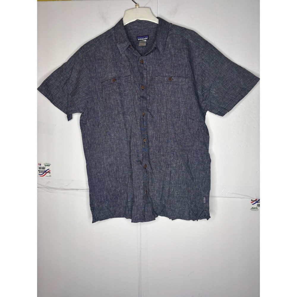 Patagonia Mens L Hemp Organic Cotton Short Sleeve Button‎ Up Shirt Navy Blue